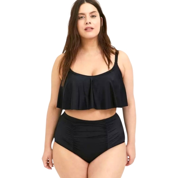 TORRIDS Flirt Collection Plus Size Wireless Black Straight Flounce Bikini Top 4X - Picture 2 of 16